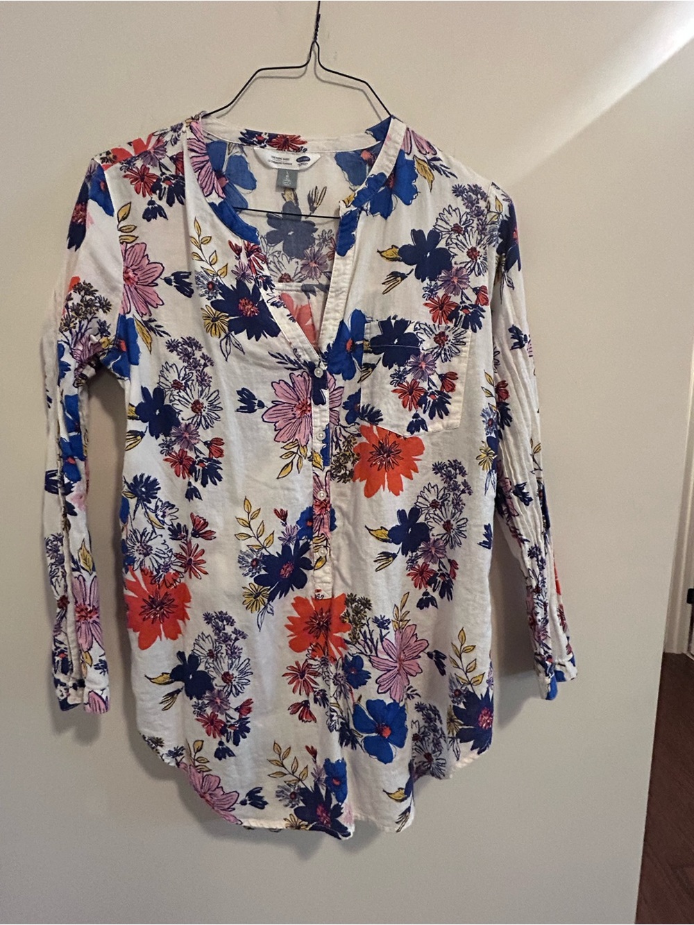 Old Navy White Button-Front Floral Blouse with Blue, Coral, Pink & Yellow Blooms
